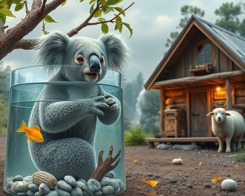 koala, fish tank, sheep, cabin, potato chip